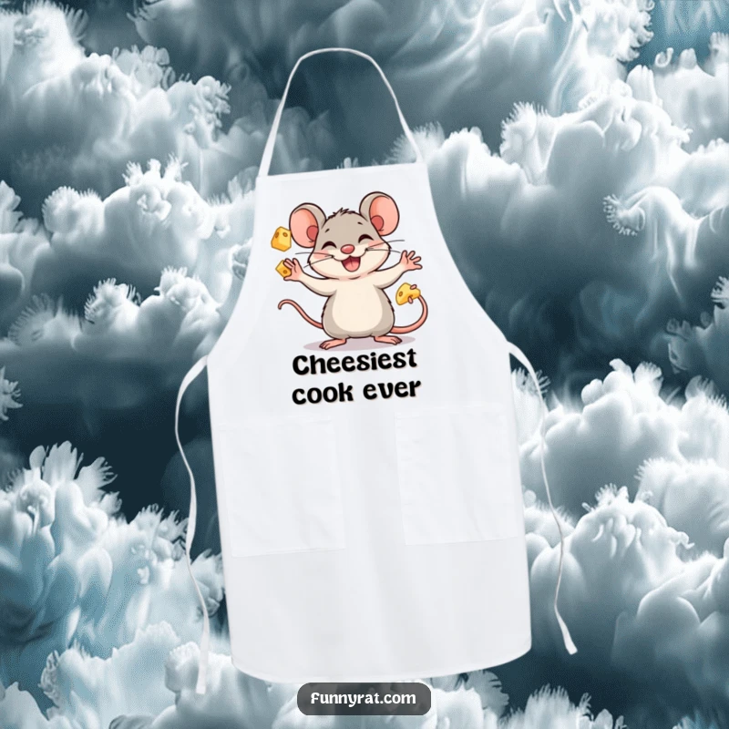 A durable apron adorned with a funny rat character expertly juggling cheese cubes with a wide, happy grin.