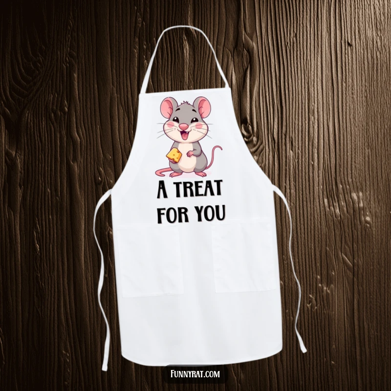 A durable apron adorned with a mischievous rat character winking and offering a tiny piece of cheese.