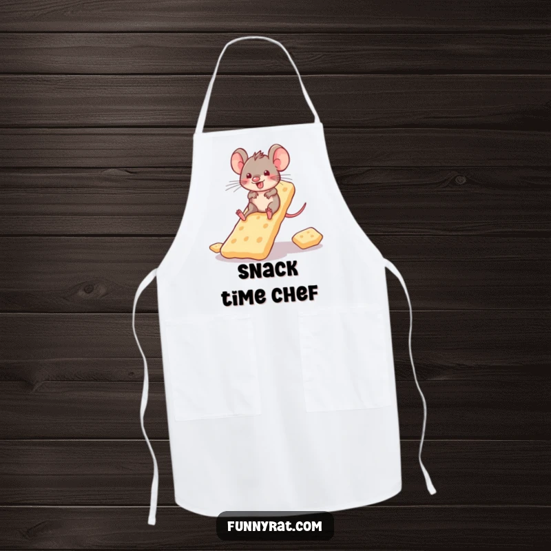 A durable apron adorned with a playful rat character sliding down a slide made of crackers.