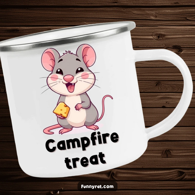 Mischievous rat winking and offering cheese, depicted on a rugged enamel camping mug.
