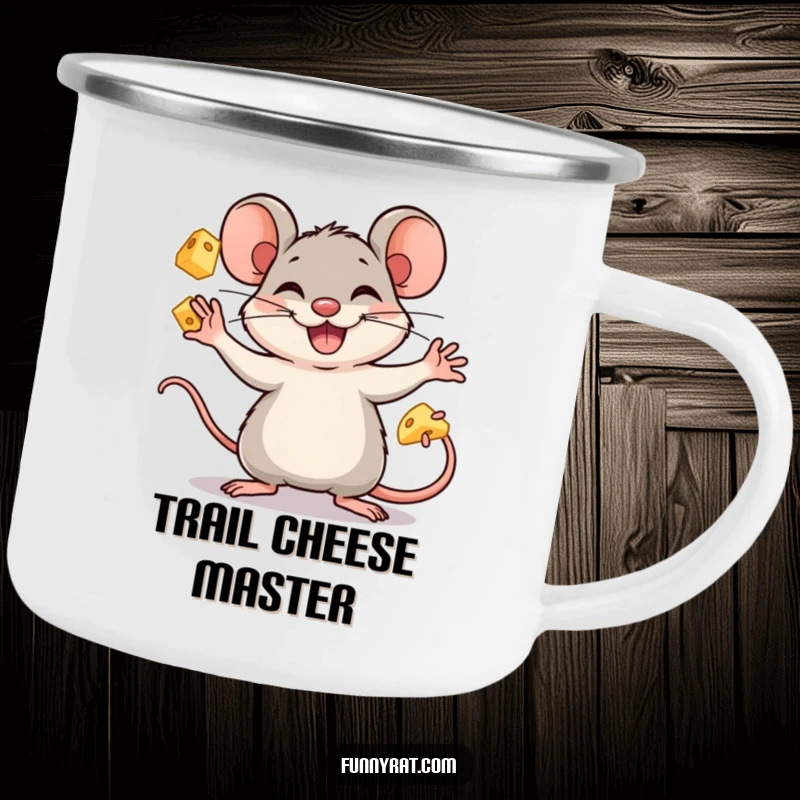 Funny rat character juggling cheese cubes with a grin, depicted on a rugged enamel camping mug.