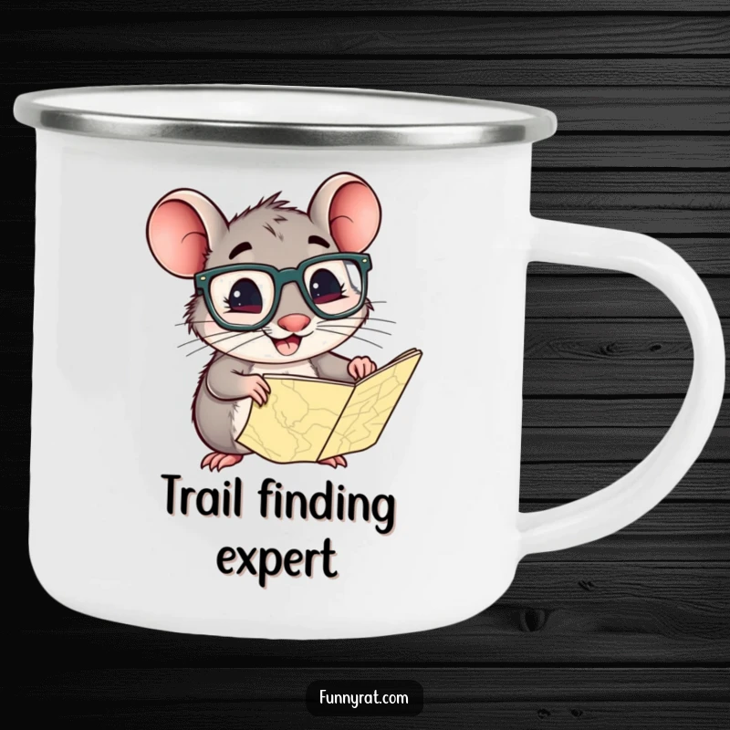 Funny rat with glasses curiously looking at a map, depicted on a rugged enamel camping mug.