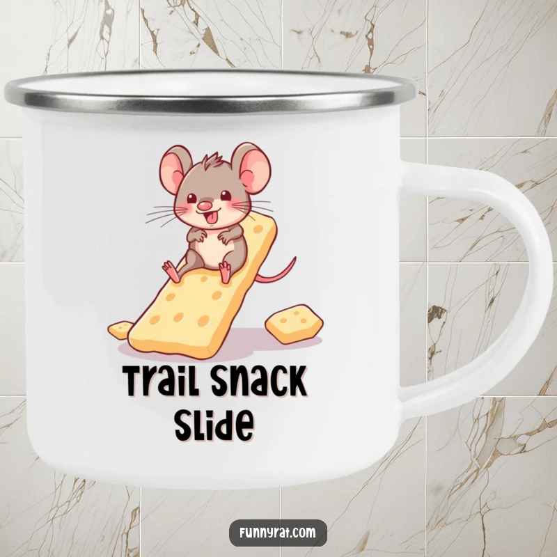 Playful rat sliding down a cracker slide, depicted on a rugged enamel camping mug.