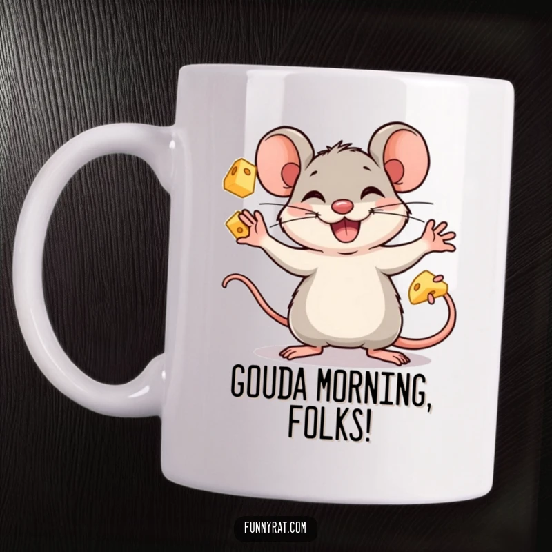 Funny rat character enthusiastically juggling cheese cubes with a big grin, featured on a ceramic coffee mug.