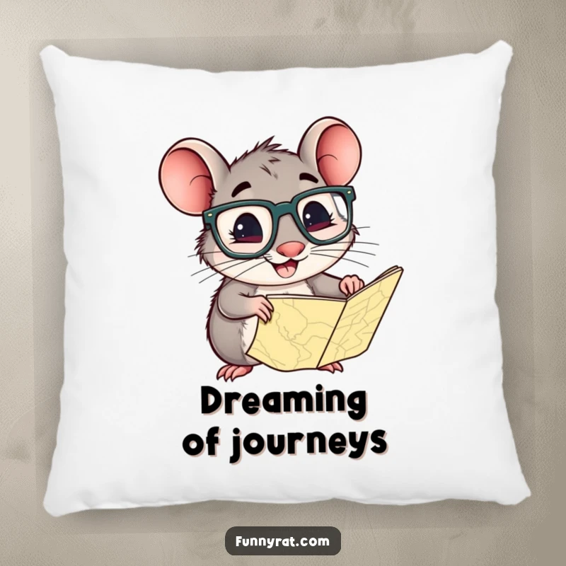 A soft, plush pillow featuring a smiling rat with oversized glasses, intently studying a map.