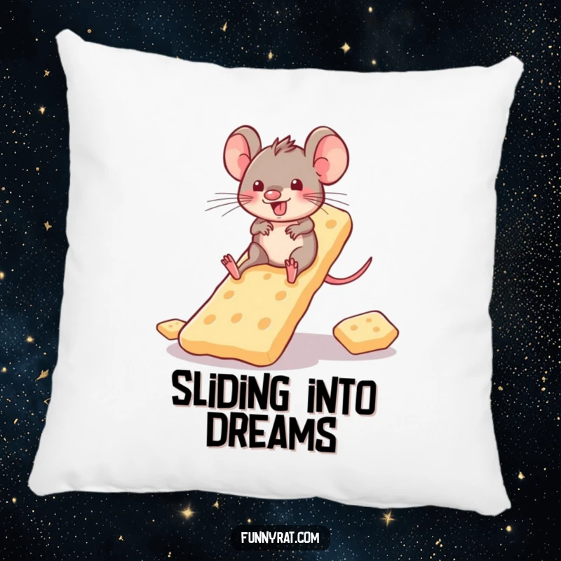 A soft, plush pillow featuring a playful rat character joyfully sliding down a slide made of crackers.