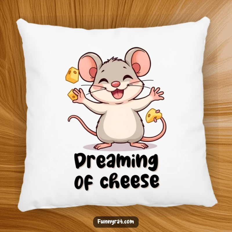 A soft, plush pillow featuring a funny rat animal character enthusiastically juggling cheese cubes with a happy expression.