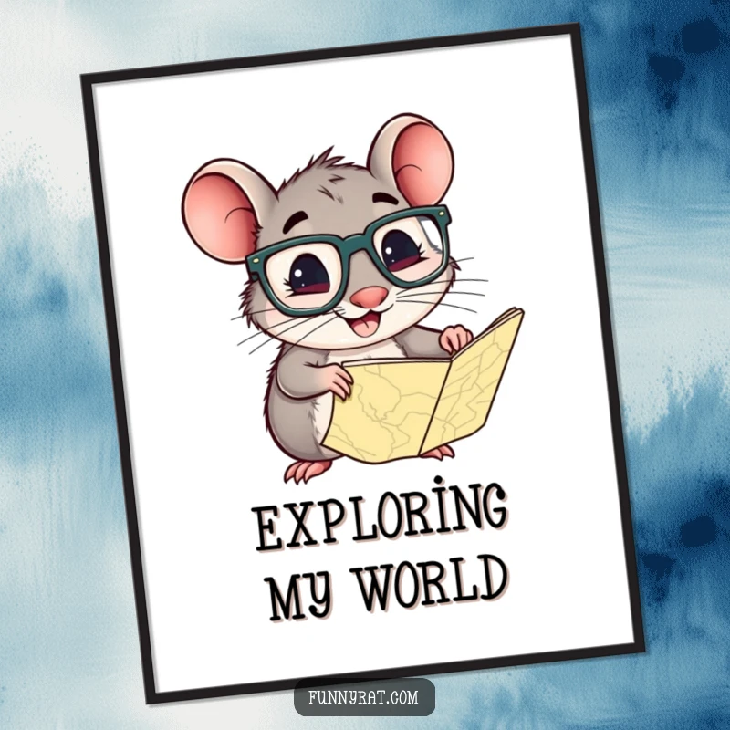 Funny rat wearing glasses, peering at a map, as a downloadable digital art print.