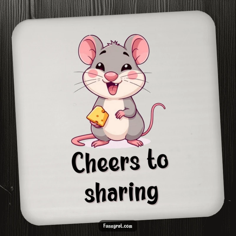 A set of coasters featuring a mischievous rat character winking and offering a tiny piece of cheese.
