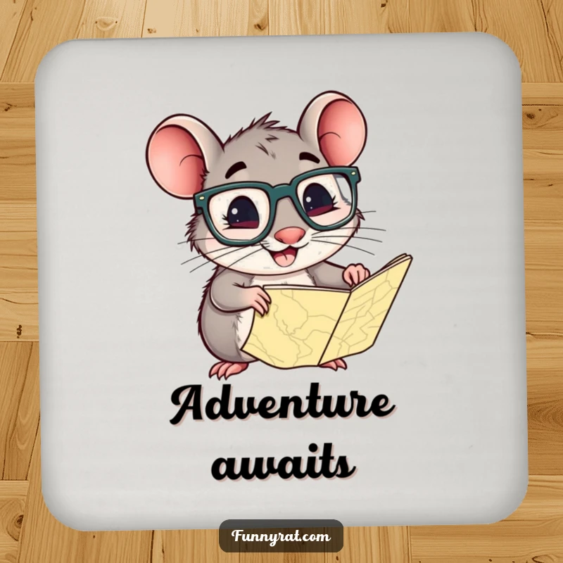 A set of coasters featuring a smiling rat wearing oversized glasses, curiously peering at a map.