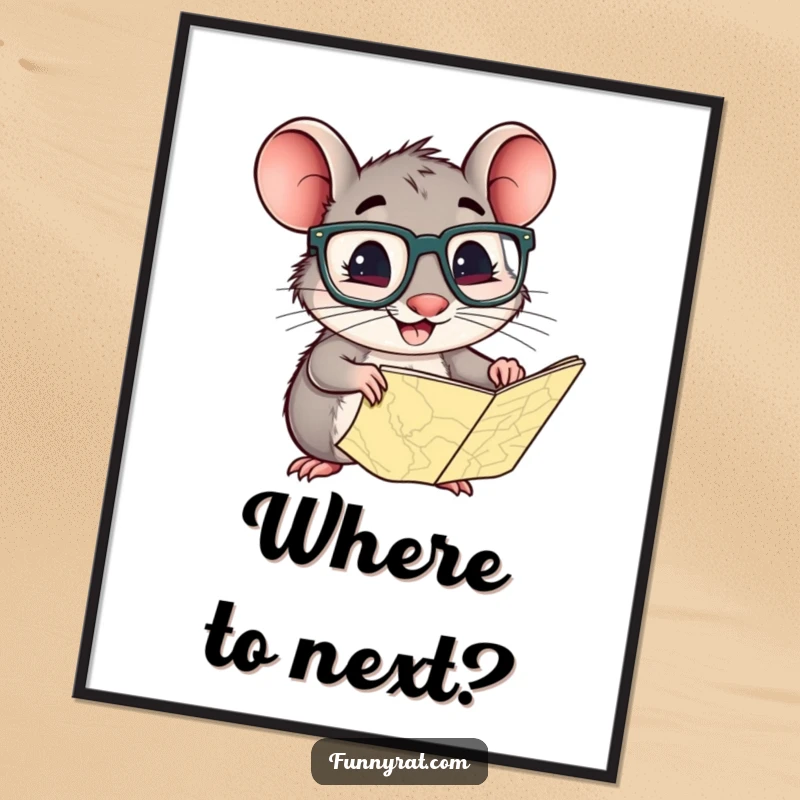 A whimsical art print of a smiling rat in oversized glasses, curiously examining a detailed map.