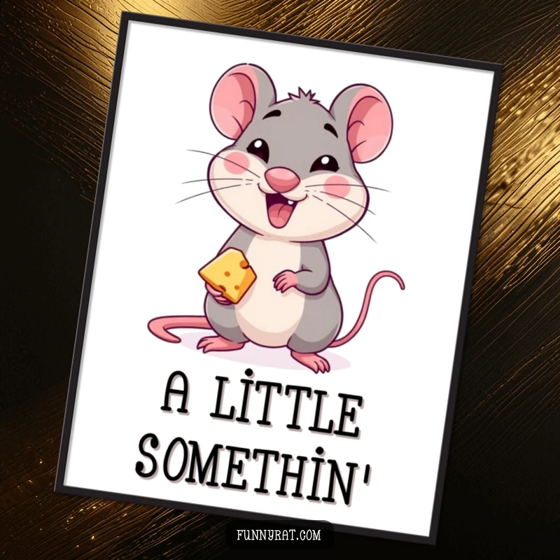 A whimsical art print of a mischievous rat character winking conspiratorially while offering a tiny piece of cheese.