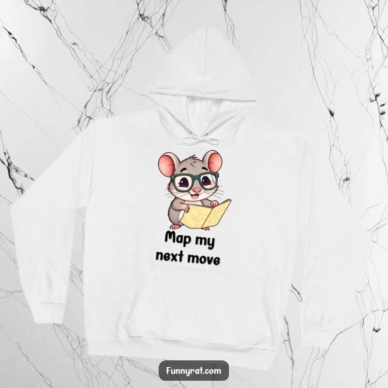 A warm, comfortable hoodie featuring a smiling rat with oversized glasses, curiously examining a map.