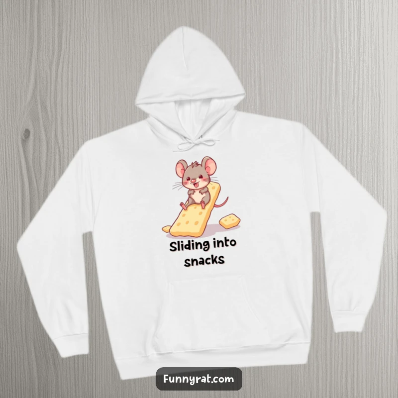 A warm, cozy hoodie showcasing a playful rat character happily sliding down a slide made of crackers.