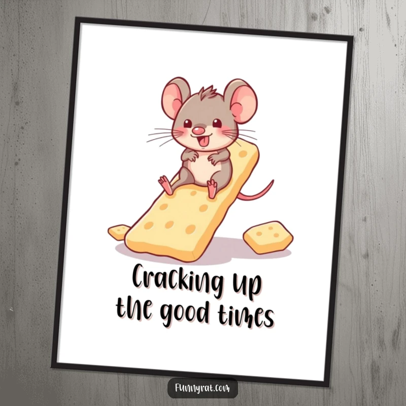 Funny Free Printable Wall Art: A playful rat character gleefully slides down a slide perfectly constructed from crackers.