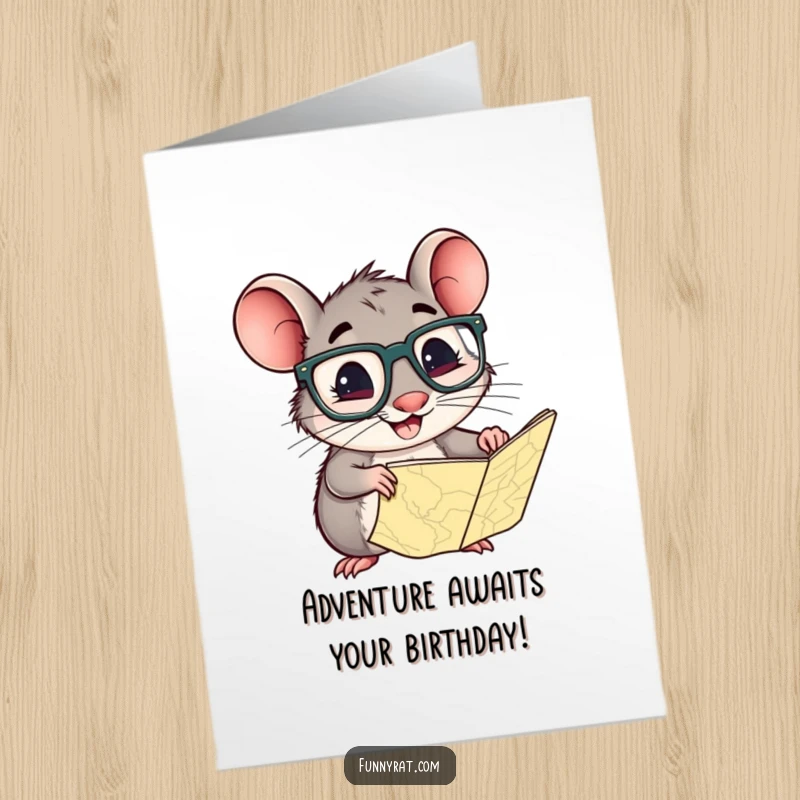 Funny Free Printable Birthday Card: A smiling rat with big glasses looks at a map, ready for an adventure.
