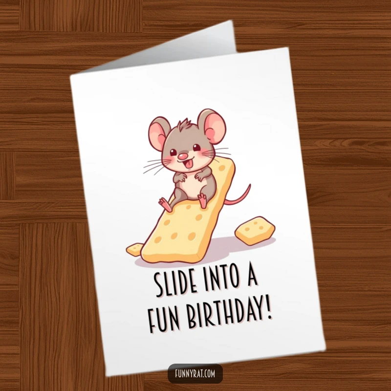 Funny Free Printable Birthday Card: A playful rat slides down a slide constructed entirely from crackers.
