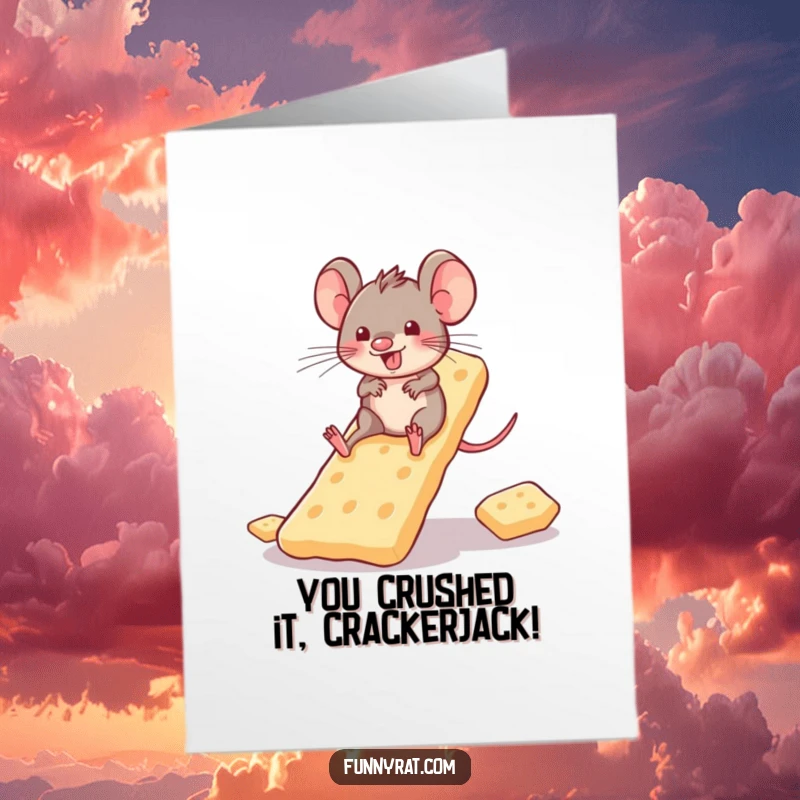 Funny Free Printable Congratulations Card: A playful rat happily slides down a cracker slide, celebrating a great success.