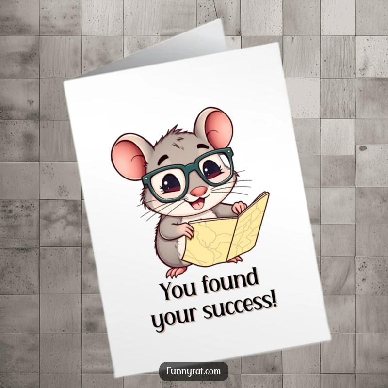 Funny Free Printable Congratulations Card: A rat in oversized glasses studies a map, pointing towards a bright future.