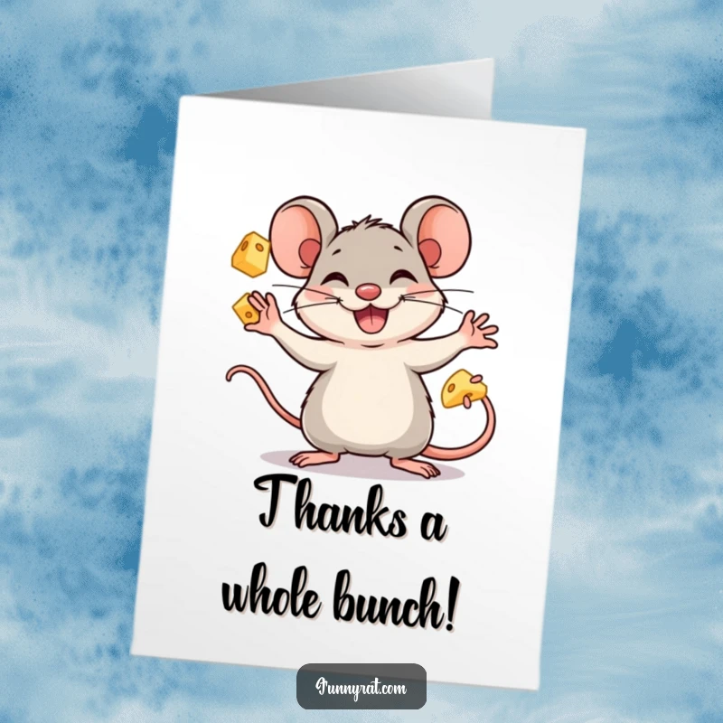 Funny Free Printable Thank You Card: A happy rat juggles cheese cubes with a big grin, saying thanks.