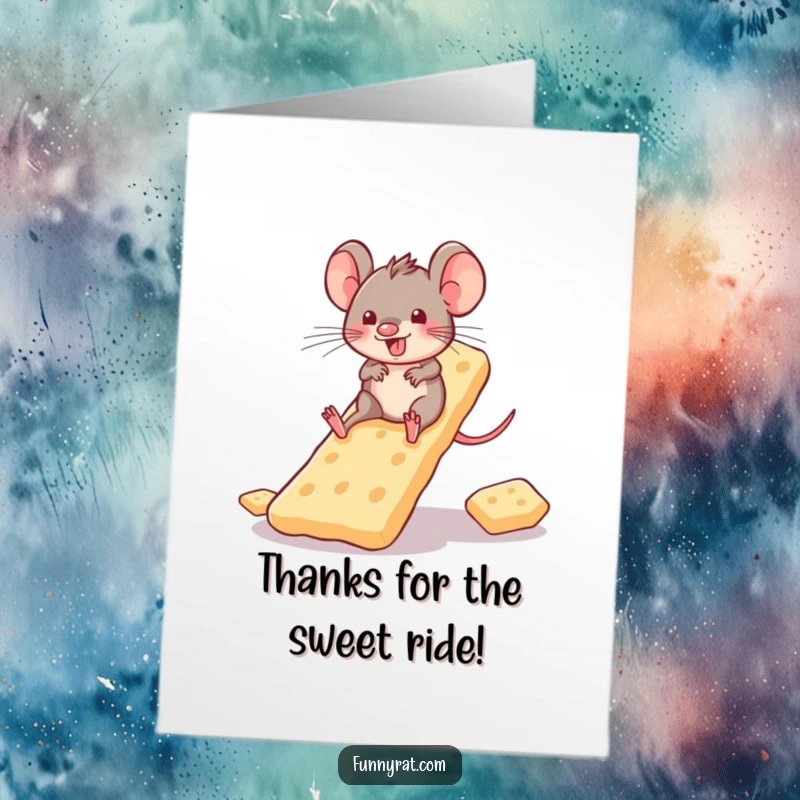 Funny Free Printable Thank You Card: A playful rat slides down a cracker slide, gratefully acknowledging your kindness.