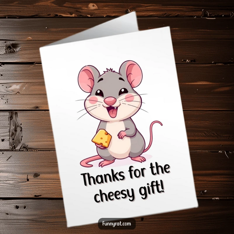 Funny Free Printable Thank You Card: A mischievous rat winks mischievously while presenting a tiny piece of cheese, saying thanks.