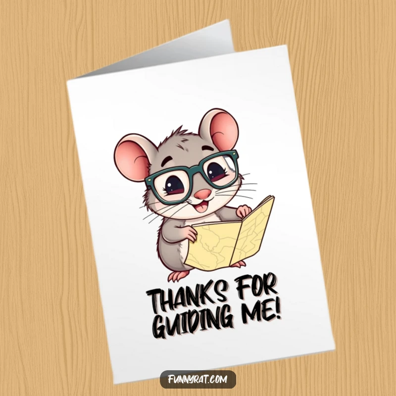 Funny Free Printable Thank You Card: A curious rat with large glasses examines a map, expressing heartfelt thanks.