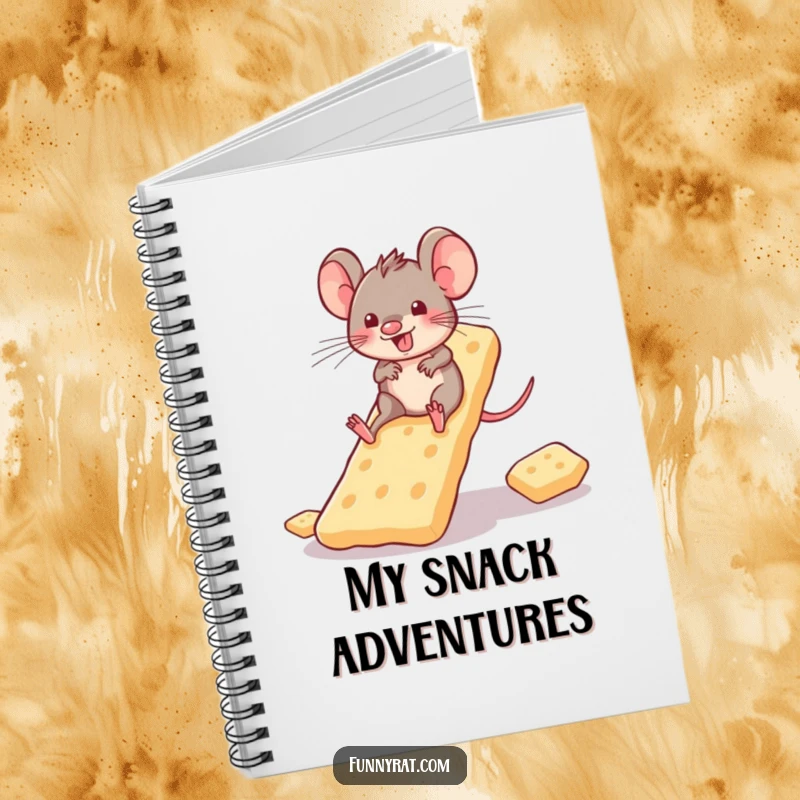 A notebook cover featuring a playful rat character joyfully sliding down a slide made of crackers.