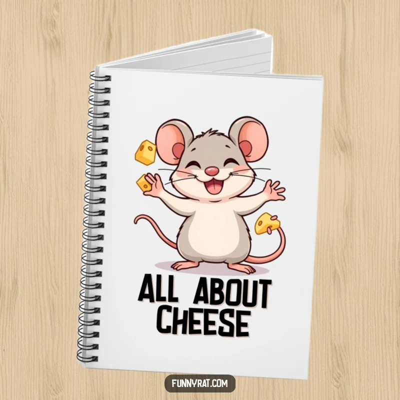 A notebook featuring a funny rat character skillfully juggling cheese cubes with a joyful grin on the cover.
