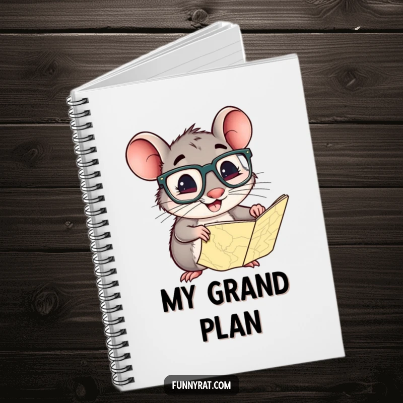A notebook cover featuring a smiling rat wearing oversized glasses, curiously examining a detailed map.
