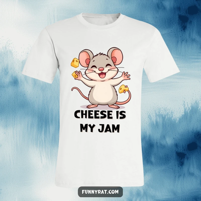 A cute rat animal character happily juggling golden cheese cubes with a wide grin, printed on a t-shirt.