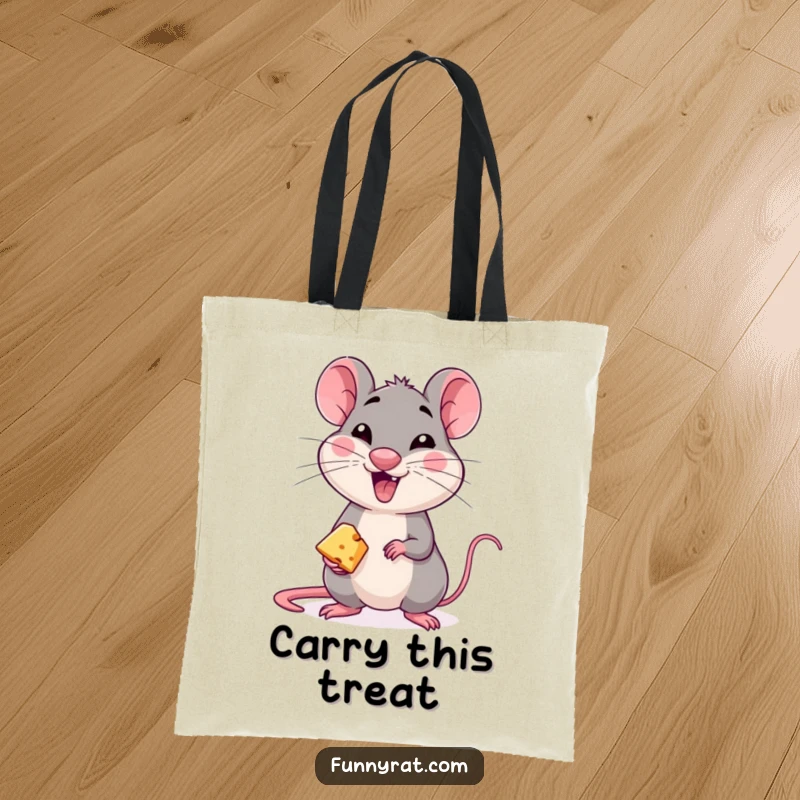 A sturdy tote bag featuring a mischievous rat character winking and extending a tiny piece of cheese.