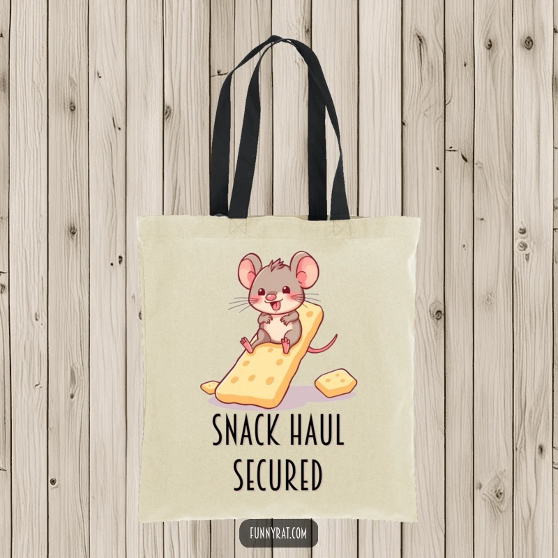A sturdy tote bag featuring a playful rat character joyfully sliding down a slide made of numerous crackers.