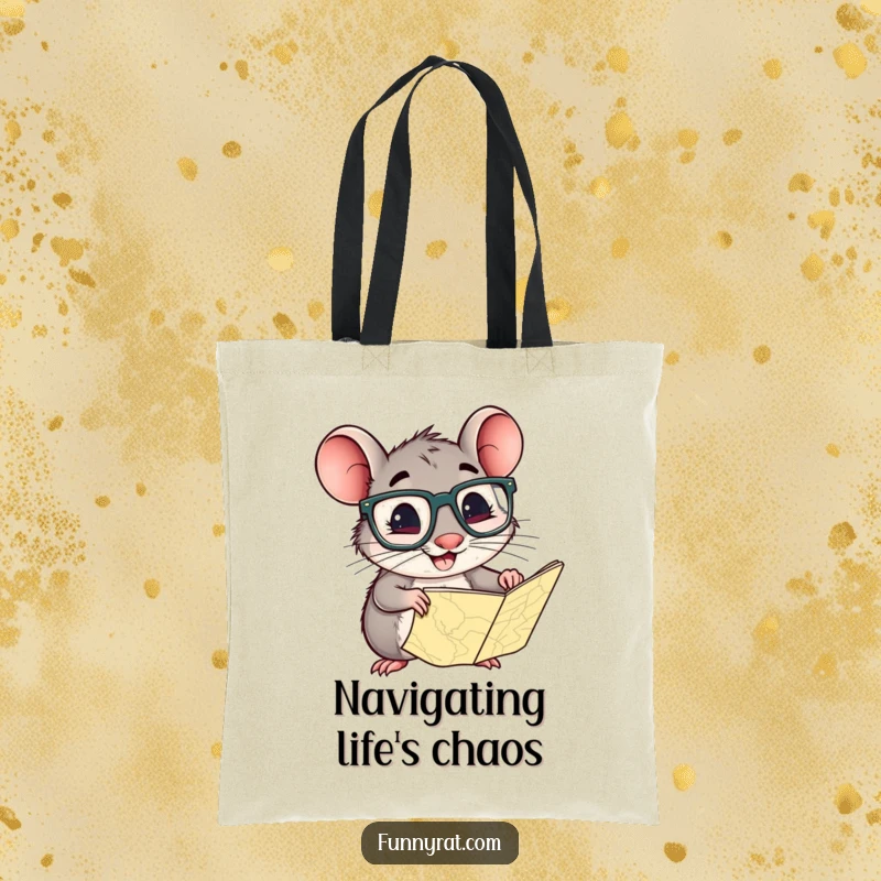 A sturdy tote bag illustrated with a smiling rat wearing oversized glasses, peering curiously at a folded map.